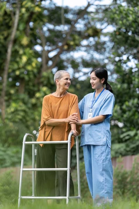 Nurse or caregiver help elderly walk by using walker and elderly touching caregiver hand stock photos Elderly Caregiver, Retirement Village, Retirement Travel, Elderly Woman, Square Photo, Disabled People, Elderly People, Elderly Care, Square Photos