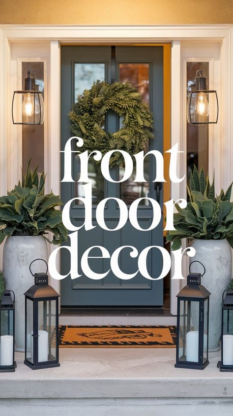 A beautifully styled front door with inviting decor elements. The entrance features a charming seasonal wreath, a cozy doormat, elegant potted plants, and stylish lanterns. Front Door Decor Ideas, Door Decor Ideas, Seasonal Wreaths, Welcome Signs, Upgrade Your Home, House Goals, Front Door Decor, First Impression, Door Decor