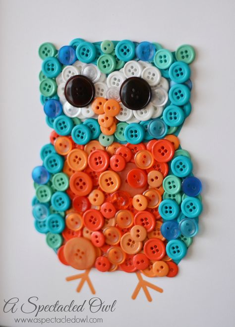 DIY Owl Button Craft                                                                                                                                                     More Button Crafts For Kids, Diy Button Crafts, Button Art Projects, Buttons Crafts Diy, Diy Owl, Button Creations, Button Craft, Owl Crafts, Bird Crafts