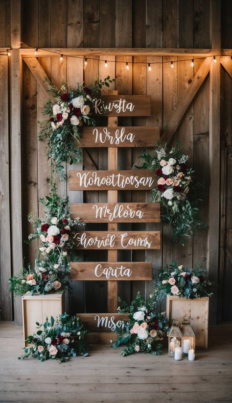 Custom signs with the couple’s names or initials burned into wood are a popular choice. These can serve as beautiful photo backdrops or decorate the reception area. Barn Wedding Decor, Unique Backdrop, Vintage String Lights, S Names, Personalized Wooden Signs, Winter Wonderland Baby Shower, Barn Wedding Decorations, Wedding Decor Ideas, Eclectic Wedding