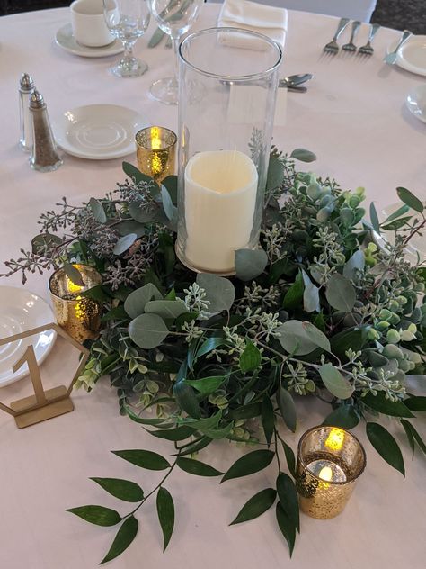 gold candles greenery wedding reception centerpiece Eucalyptus Wreath Centerpiece, Eucalyptus Wedding Centerpiece, Seeded Eucalyptus Centerpiece, Inexpensive Wedding Centerpieces, Save The Date Floral, Centerpiece Arrangements, Ikea Wedding, Eucalyptus Centerpiece, Reception Table Centerpieces