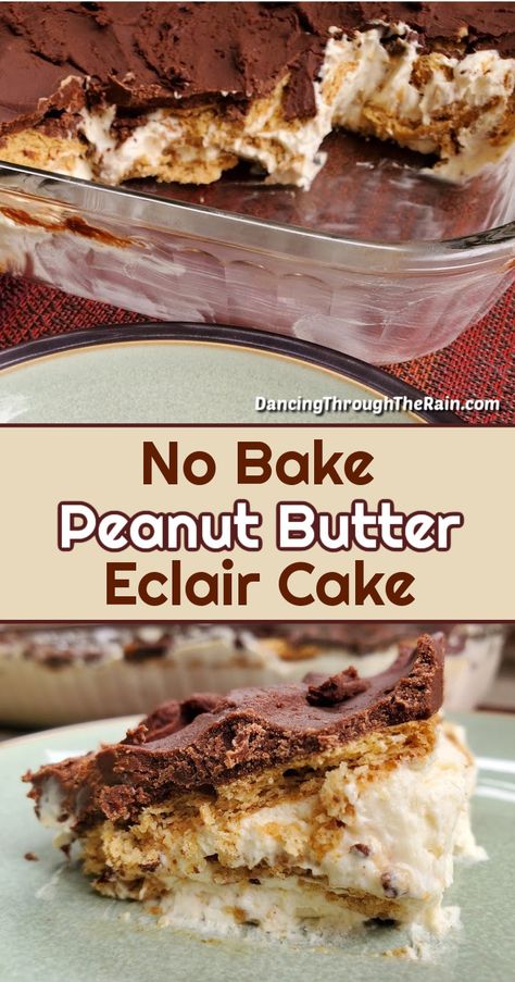 This delicious No Bake Peanut Butter Eclair Cake is about to become one of your favorite desserts! With creamy peanut butter creme, chocolate ganache, and layers of graham crackers, this is one of those peanut butter desserts that is a twist on a classic. You may ever be able to go back to a regular eclair cake! #peanutbuttercakes #eclaircakes No Bake Peanut Butter Eclair Cake Recipe, Peanut Butter Eclair Dessert, Peanut Butter Eclair Cake No Bake, No Bake Chocolate Peanut Butter Eclair Cake, Peanut Butter Chocolate Eclair Cake, No Bake Peanut Butter Eclair Cake, Chocolate Eclair Cake No Bake, Peanut Butter Eclair Cake, Apple Eclair