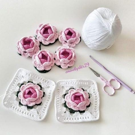 Roses Au Crochet, Crochet Flower Squares, Learn Crochet, Crochet Business, Crochet Design Pattern, Crochet Stitches For Beginners, Crochet Flower Tutorial, Crochet Square Patterns, Crochet Rose