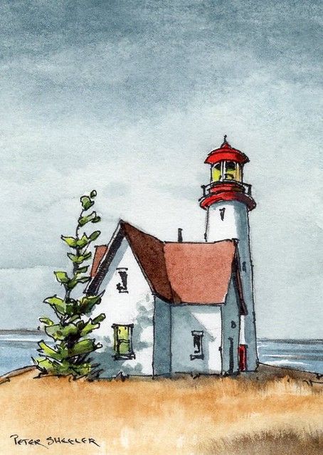 Peter Sheeler, House Watercolor, Watercolor House Painting, Watercolor Art Landscape, Lighthouse Painting, Sunset Color, Canvas For Beginners, Watercolor Architecture, Watercolor Paintings For Beginners