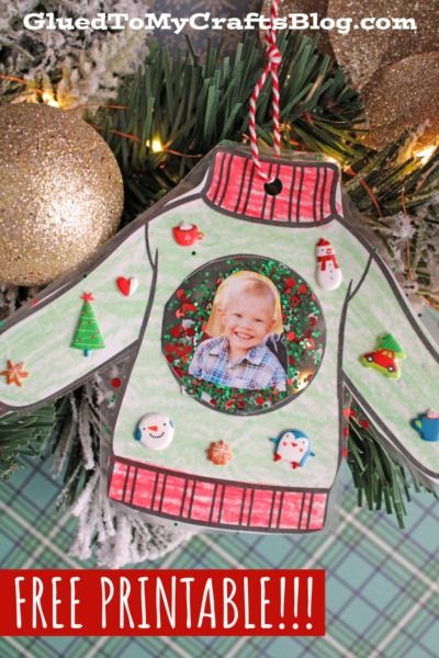 Christmas Sweater Ornament Craft For Kids - Glued To My Crafts Preschool Picture Ornament Craft, O Is For Ornament Craft, Easy Picture Ornaments For Kids To Make, Easy Christmas Crafts For Kids At School Diy Ornaments, Ornaments For Kids To Make With Picture, Pre K Ornament Ideas, Christmas Keepsakes For Kids To Make, Pre K Christmas Ornaments, Picture Ornament Craft