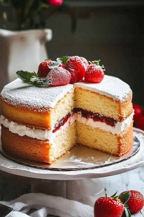 British Victoria Sponge Cake Strawberry Victoria Sponge Cake, Victorian Sponge Cake, Victorian Sponge, Victoria Sponge Cake Recipe, Victoria Cake, Sponge Cake Decoration, Victoria Sponge Recipe, Ricotta Cake Recipes, Shortcake Recipes