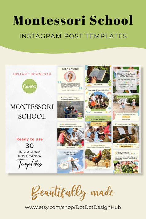 Instagram Post Templates for Montessori School focused on Montessori education related content, images and Real Text designed especially for Montessori Educators. These social media templates are perfect to promote Montessori school, Montessori education approach, Montessori children education, Montessori kindergarten, Montessori summer camp, tuition teachers, childcare, daycare and early children education business. Montessori Instagram Feed, Daycare Social Media Content, Kindergarten Instagram Design, Summer Camp Social Media Posts, School Instagram Post, Montessori Daycare, Kindergarten Montessori, Tuition Teacher, Preschool Director