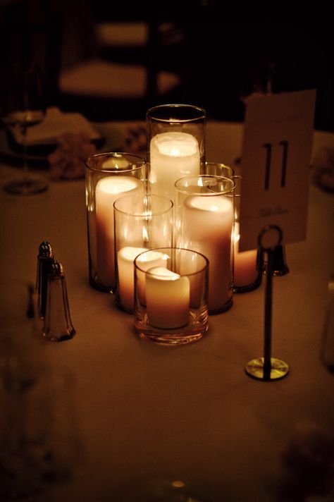 Candle Reception Decor, Flowerless Centerpieces, Simple Candle Centerpieces, Candles Reception, Decorating With Candles, Candle Table Centerpieces, Candle Lit Wedding, Faux Candles, Fake Candles