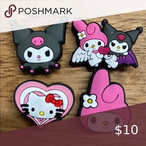 Hello Kitty My Melody Kuromi Croc Charms / Jibbitz Hello Kitty Plushie, My Melody Kuromi, Hello Kitty My Melody, Croc Charms, My Melody, Hello Kitty, Charms, Kitty, Clothes Design