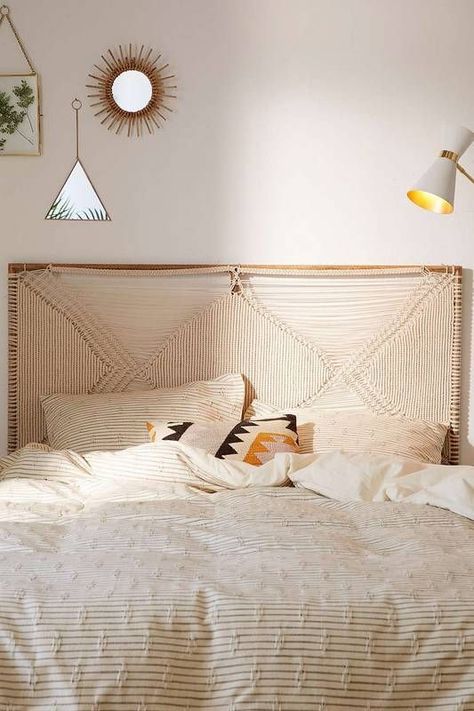 No Headboard Bed Ideas, Headboards For Queen Beds, Urban Outfitters Bedroom, Urban Outfitters Bedding, Tapestry Headboard, Boho Headboard, Urban Outfitters Home, Macrame Headboard, Wicker Headboard