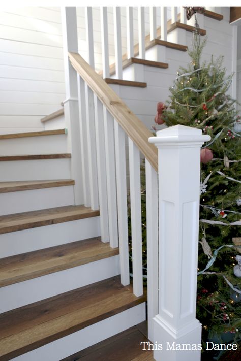 Hardwood Stairs With White Risers, Oak Stairs With White Risers, Cottage Staircase Ideas, Oak Staircase Makeover, Cottage Staircase, Attic Stair, White Stair Risers, Staircase Spindles, Farmhouse Stairs