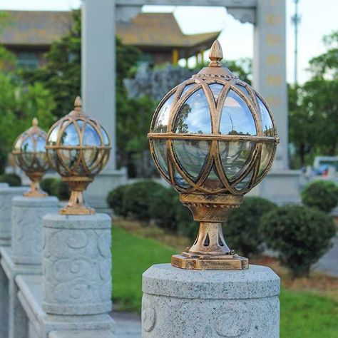 Garden Pillar, Pillar Lights Outdoor, Outdoor Pillar Lights, Outdoor Columns, Art Deco Garden, Landscape Walkway, Column Lights, Gate Lights, Old Lanterns