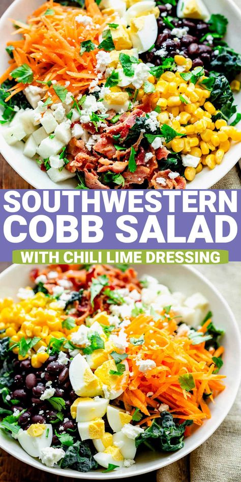 This Southwest Cobb Salad is loaded with toppings including requisite bacon and hard-boiled eggs and we've also added those inspired by Tex-Mex traditions including black beans, corn, cotija cheese, jicama and cilantro. We've livened it up even further with a zesty lime, cumin and chili spice vinaigrette! Southwest Cobb Salad, Corn Cotija, Salad With Chili, Chili Lime Vinaigrette, Chili Spice, Chili Lime Dressing, Vegetarian Pasta Salad, Black Beans Corn, Chili Spices