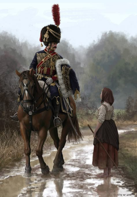 ArtStation - French Hussar and Peasant Girl, 1810's, Nils Wadensten 2d Painting, Military Drawings, Military Artwork, Historical Painting, 다크 판타지, French Army, Napoleonic Wars, Historical Art, 판타지 아트