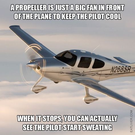 A propeller is just a big fan in front of the plane to keep the pilot cool. When it stops, you can actually see the pilot start sweating. Plane Memes, Airplane Humor, Pilot Humor, Military Jokes, Pilot Quotes, Funny Pilot, Aviation Humor, Super Funny Memes, Great Memes