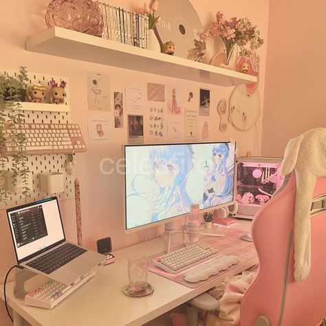 Pink And White Gaming Room, Pink And White Computer Set Up, Anime Office Decor, Tiktok Room Ideas, Pink And White Office, Setup Laptop, White Desk Setup, Aesthetic Desk Setup, Asian Room