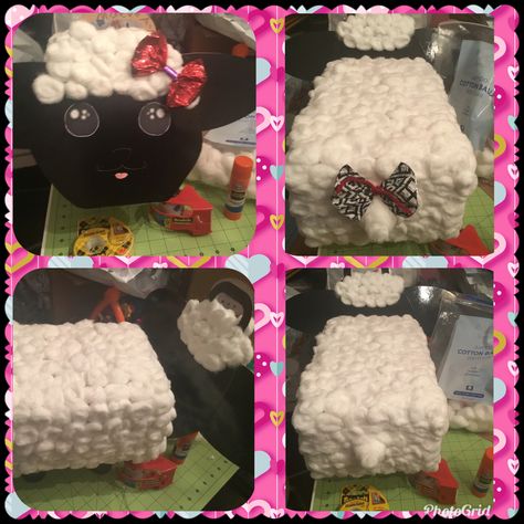 Made with empty cocoa box, toilet paper rolls, wrapping paper, chocolate wrappers, cotton balls, black carboard, and yarn. Sheep Valentine Box Ideas, Drawn Eyes, Valentine Box Ideas, Valentines Day Box, Valentine Boxes, Valentines Box, Box Chocolate, Toddler Art Projects, Valentine Day Boxes