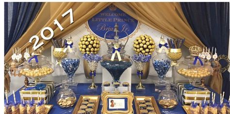 Royal Prince Baby Shower  Dessert Table and Decor Instagram@Leavittome events. Blue And Gold Dessert Table, Royalty Baby Shower, Royal Prince Birthday Party, Gold Dessert Table, Prince Baby Shower Theme, Buffet Dessert, Prince Birthday Party, Gold Dessert, Baby Shower Dessert Table