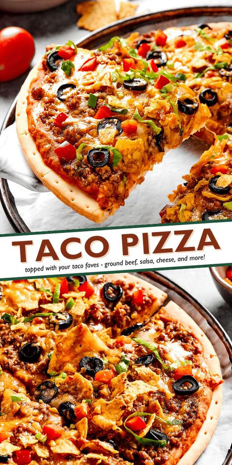 Load up all of your favorite Southwestern toppings on this easy Taco Pizza! This fun, customizable dinner idea is sure to be a hit, even with picky eaters. Easy Taco Pizza, Taco Pizza Recipes, Mexican Pizza, Taco Pizza, Gourmet Pizza, Pizza Recipes Easy, Easy Taco, Pizza Recipes Homemade, Ground Beef Recipes Easy