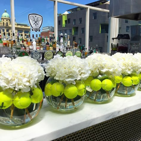 Tennis Banquet Ideas Centerpieces, Tennis Banquet Table Decorations, Tennis Party Centerpieces Ideas, Tennis Centerpieces Ideas, Tennis Party Decorations Centerpieces, End Of Season Tennis Party, Tennis Birthday Party, Wimbledon Party, Tennis Store