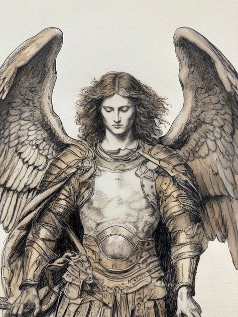 Archangel Michael in watercolor, pencil, and pen. Stained with Community Coffee. Framed portraits come with engraved 1840 square head nails in each corner. Pencil And Pen, Community Coffee, Watercolor Paintings Nature, Rennaissance Art, Nature Watercolor, Watercolor Pencil, Biblical Art, Archangel Michael, Square Head