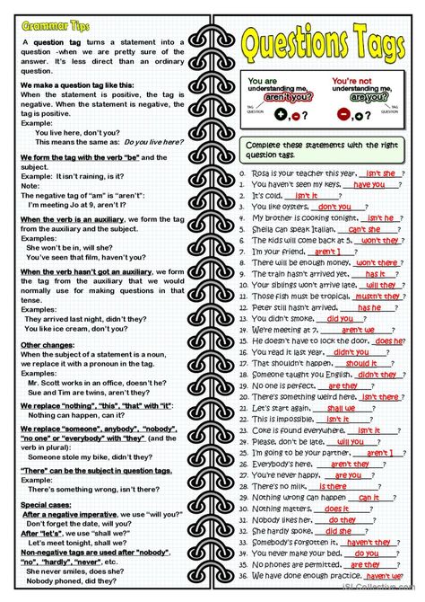 QUESTION TAGS general gramma…: English ESL worksheets pdf & doc English Grammar Questions, Easy English Grammar, English Conversation Learning, Grammar Questions, English Grammar Exercises, English Grammar Book, Grammar Exercises, Grammar Tips, Basic Grammar