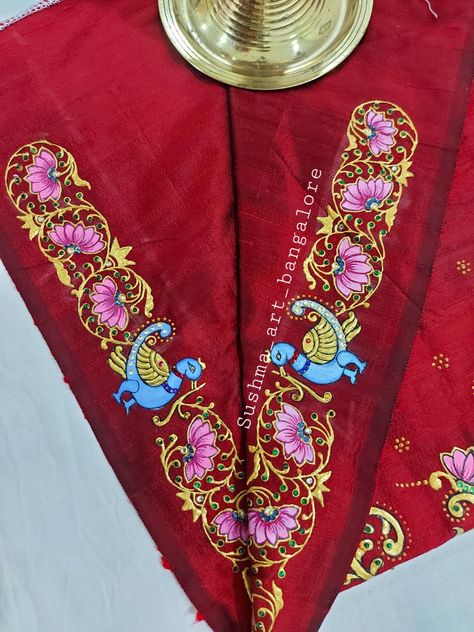 Tanjore Border Designs, Tanjore Fabric Painting, Tanjore Painting On Sarees, Tanjavur Painting On Blouse, Tanjore Painting On Blouses, Tanjore Painting On Fabric, Painting In Fabric, Painting On Dress, Painting On Blouse