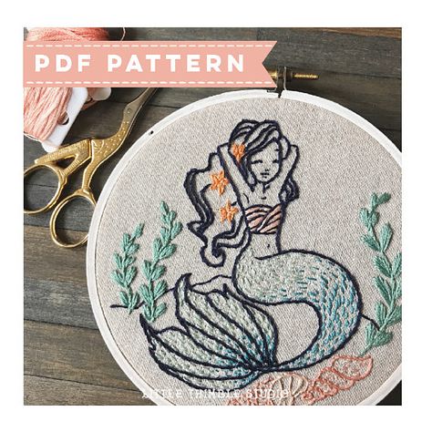 Mermaid PDF Embroidery Pattern. PDF Pattern. DIY Embroidery. Nautical Embroidery, Mermaid Embroidery, Embroider Ideas, Pdf Embroidery Pattern, Summer Embroidery, Golden Bird, Sweatshirt Embroidery, Embroidery Sampler, Mermaid Pattern