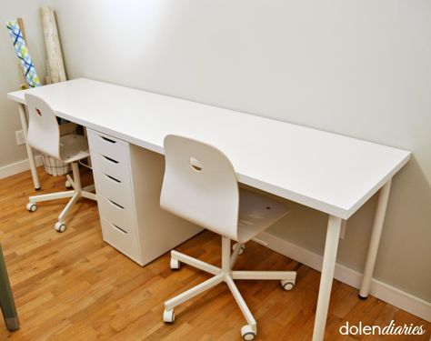 Create a two person workstation quickly and inexpensively.                                                                                                                                                                                 More Desk For Two People, 2 Person Desk, Apartment Desk, Ikea Linnmon, Desk For Two, Two Person Desk, Office For Two, Ikea Office, Double Desk