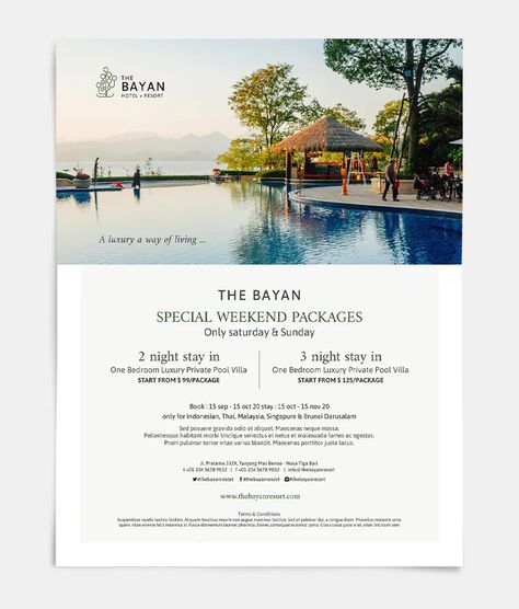 Hotel Package Flyer Template INDD Ad Layout Design Inspiration, Hotel Promotion Poster, Hotel Promotion Design, Hotel Flyer Design, Hotel Poster Design, Resort Ads, Hotel Graphic Design, Hotel Marketing Design, Hotel Poster