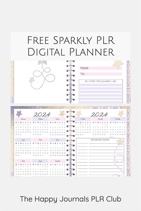 Looking for a digital planner that you can edit and sell as your own? Check out this free PLR Sparkly Digital Planner! This 44 page planner is fully editable, even the binding, and comes with mini 2022/23/24 calendars, linked up and tested. You'll also get a commercial license, the fonts I used, and access to my freebie vault. Find out more about digital product ideas here Free Plr Products, Planner Quotes, Selling Stuff, Digital Weekly Planner, Happiness Journal, Daily Weekly Planner, Planner Minimalist, Mini Calendars, Printables Free