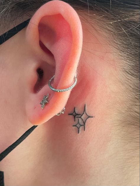 Sparkle Tattoo Behind Ear, Sparkle Emoji Tattoo, Star Behind The Ear Tattoo, Small Star Tattoo Behind Ear, Ear Star Tattoo, Tiny Star Tattoo Behind Ear, Star Tat Behind Ear, Ear Tattoo Inner Star, Star Tattoos Behind Ear