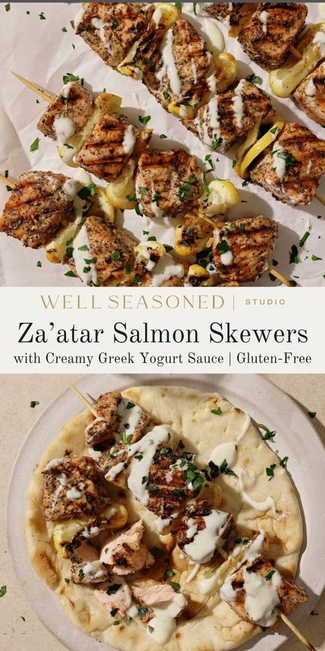 Boldly spiced and tender, these Za'atar Salmon Skewers are my ideal summer dinner. There's no lengthy marinating time required (though of course you can prep them in advance!) and they take just minutes to cook. The salmon melts in your mouth and has a warm, nutty flavor from za'atar and sumac. Enjoy with our Creamy Greek Yogurt Sauce, couscous, rice, quinoa, or grilled veggies! Gluten-free. #wellseasonedstudio #salmon #salmonskewers #zaatar #fish Best Grilled Salmon Recipe, Salmon Skewers, Greek Yogurt Sauce, Grilled Salmon Recipes, Salmon Seasoning, Za Atar, Summer Recipes Dinner, Grilled Veggies, Yogurt Sauce