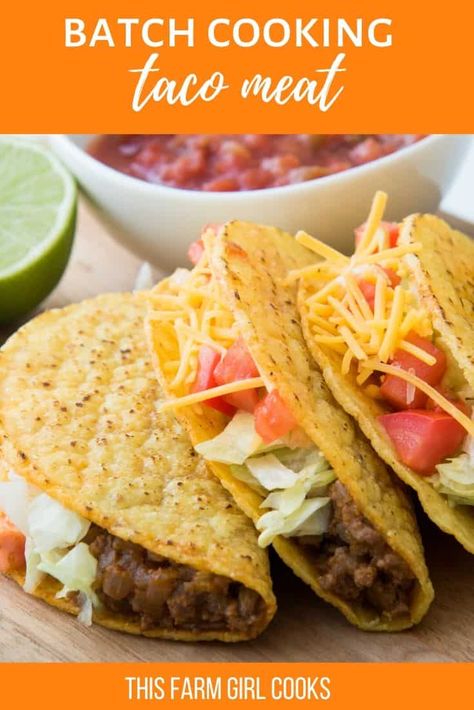 This recipe is awesome if you're making taco meat for a crowd, or if you want to make several batches of taco meat for later. Cook three pounds of taco meat and save some in the freezer for busy nights! #batchrecipe #freezermeal #tacomeat Crunchy Taco Shells, Kitchen Hacks Cooking, Hard Shell Tacos, Taco Meat Recipes, Best Fast Food, Ground Beef Tacos, Easy Eat, Taco Night, Homemade Tacos