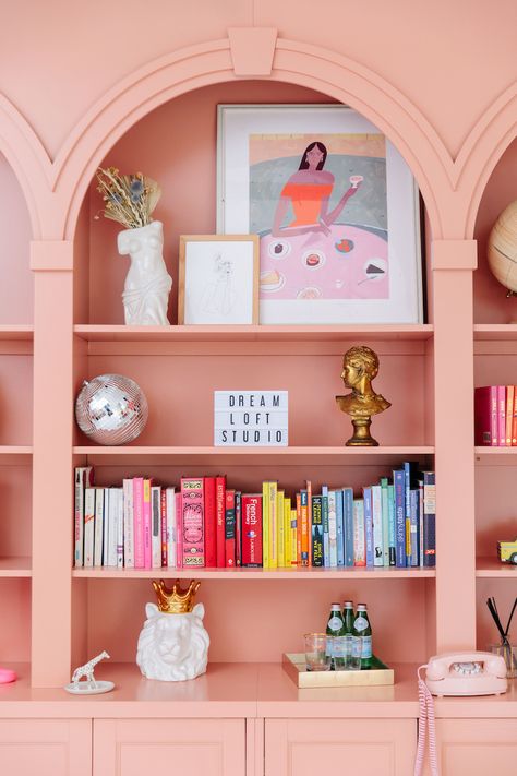 It's All Elegant, Colorful and Feminine in RachMartino's Brooklyn Loft - Rach Martino Dream Loft Studios, Colorful Loft, Wall Library, Brooklyn Loft, Pink Palace, Loft Studio, Pink House, Room Style, Book Shelf