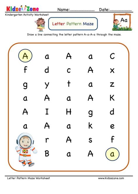 Letter Maze Worksheet, Letters Kindergarten, Letter Maze, Maze Worksheet, Kindergarten Letters, Pattern Worksheet, Alphabet Kindergarten, Letter Tracing Worksheets, Alphabet Worksheets Preschool