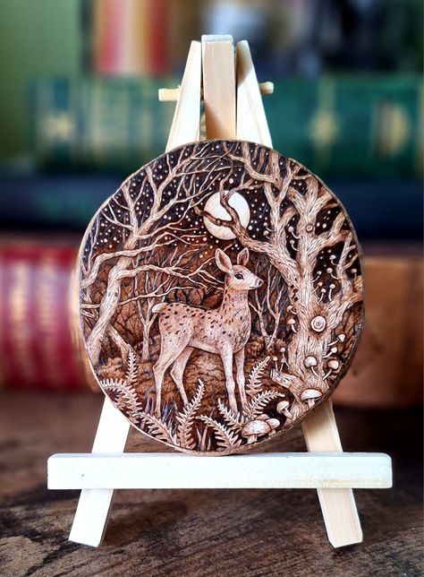 'Enchanted Forest ' pyrography by Gill Rippingale. Butterfly Pyrography, Beginner Wood Burning, Woodburning Ideas, Green Lady, Wood Jewelery, Wood Slice Art, Storing Craft Supplies, Wood Burning Crafts, Wood Burning Art