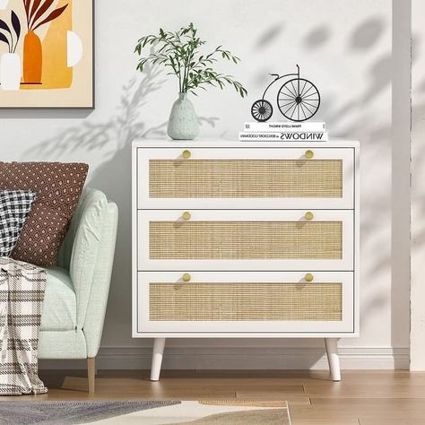 3-Drawer White Wood Bedroom Dresser Modern Rattan Chest of Drawers for Living Room - Bed Bath & Beyond - 36935386 Rattan Panel, Rattan Dresser, Rattan Doors, Wood Storage Cabinet, Dresser Wood, White Chest Of Drawers, Dresser Cabinet, Dresser For Bedroom, White Chest