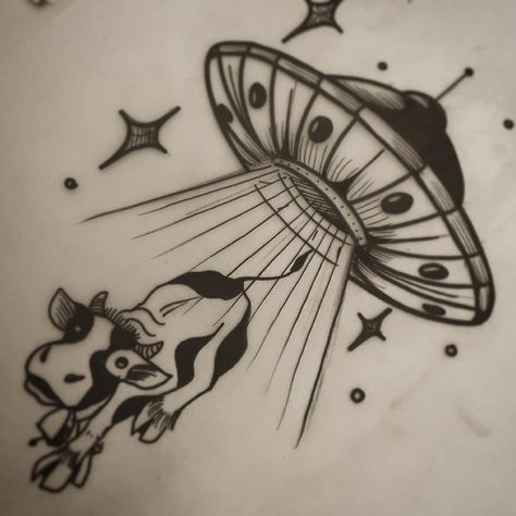 Cow Being Abducted Tattoo, Alien Abducting Cow Tattoo, Alien And Spaceship Tattoo, Cow Getting Abducted Tattoo, Cow Alien Abduction Tattoo, Alien Cow Tattoo, Cow Abduction Tattoo, Ufo Cow Tattoo, Alien Abduction Drawing