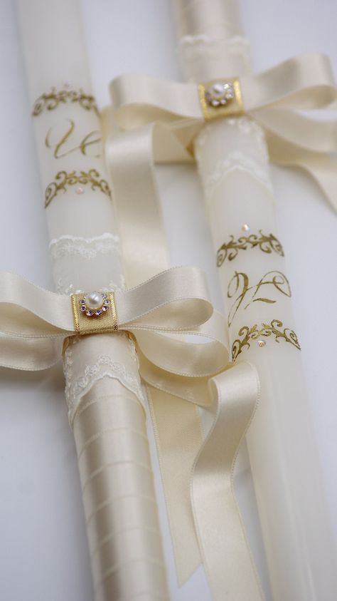 Greek Orthodox Wedding Candles, Baptism Candle Decoration, Orthodox Wedding Candles, Greek Wedding Candles, Disney Wedding Gifts, Christian Cross Stitch Patterns, Bridal Candles, Personalised Wedding Candles, Orthodox Wedding