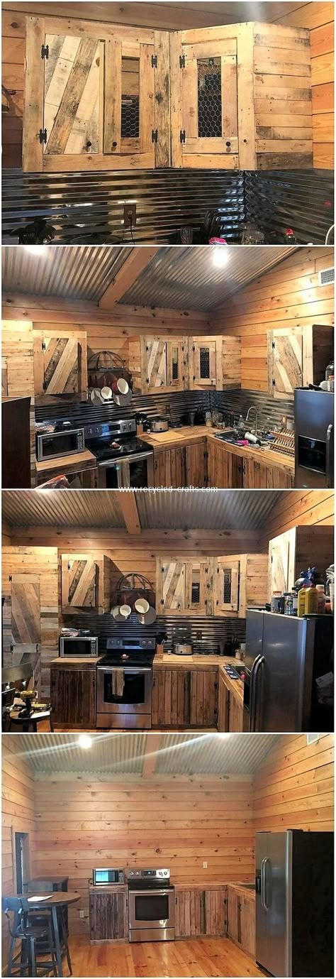 Kitchen DIY Pallet Ideas #kitchenpallets Big Kitchen Design, Pallet Kitchen Cabinets, River Cabins, Building Kitchen, Shipping Pallet, Pallet Cabinet, Pallet Kitchen, Pallet House, Rustic Kitchen Cabinets