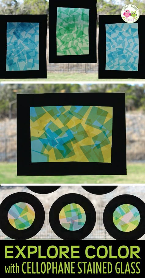 Your kids will be memorized by this cellophane stained glass craft.  It's fun way to explore color with kids. Use this as a process art activity and fun way for teaching color mixing and transparency. It's a great sensory activity that can even be used on a light table in your preschool or pre-k classroom. Children will love to experiment while learning about colors (red, blue, yellow, green..), color mixing and the science of color. Art Table Activities Preschool, Stained Glass Art Preschool, Preschool Color Mixing Activities, Light And Reflection Preschool, Cellophane Stained Glass Art, Little Blue And Little Yellow Activities, Light Theme Preschool Activities, Preschool Light Study Activities, Light Unit Prek Activities