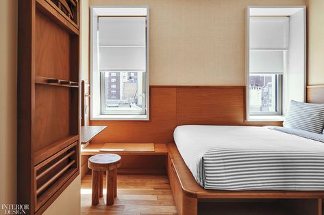 Storage space at Sister City is provided under the custom bed in the form of open shelves. Ace Hotel New York, Room Sketch, Bowery Hotel, Design Japonais, Voyage New York, Finnish Sauna, Hotel Concept, New York Hotels, Knotty Pine