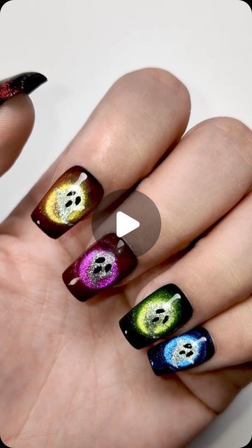 Nail art 💅 Manicure on Instagram: "👻✨ Embrace the cuteness of Halloween adorable ghostly nails! Perfect for adding a fun and playful vibe to your spooky season look🎃 🛒Products Used: 🛍️Shiny Platinum Cat Eye Gel 🛍️Halloween Carnival Neon Cat Eye 🔗Link in bio 🫶  #CuteGhostNails#HalloweenNailArt#SpookyButCute#GhostlyVibes#HalloweenFun#2024Halloween#fpy#cateye" Cat Eye Nails For Halloween, Halloween Cat Eye Nails, Ghost Nails, Neon Cat, Nail Design Video, Nails Arts, Cat Eye Gel, Cat Eye Nails, Ghost Cat