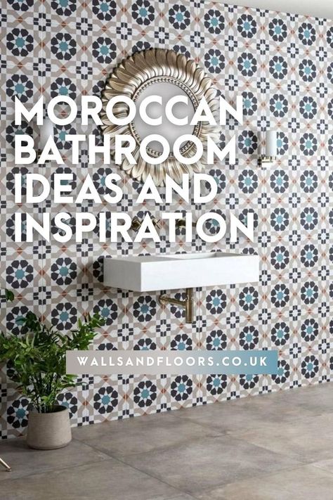 Moroccan interiors have taken the design world by storm in recent years, with lavish patterns and bright colours adorning our homes more and more as we get braver and braver. There’s a variety of ways of implementing small or big changes in your own bathroom to achieve the same Moroccan bathroom look that we love. With our huge selection of Moroccan inspired tiles here at Walls and Floors, it’s super easy to add a splash of character, making it feel like you’re on your holidays all year round! Moroccan Bathroom Ideas, Moroccan Tile Bathroom, Moroccan Inspired Bathroom, Moroccan Bathroom, Moroccan Interiors, Moroccan Tiles, Moroccan Tile, Bathroom Floor Tiles, Bathroom Flooring