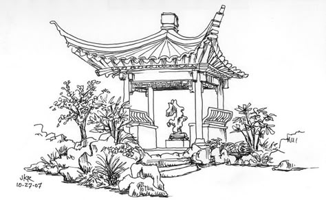 Japanese Pagoda, Japanese Shrine, China Architecture, Japanese Garden Design, Japanese Drawings, Garden Drawing, Japon Illustration, Chinese Architecture, Japanese Embroidery