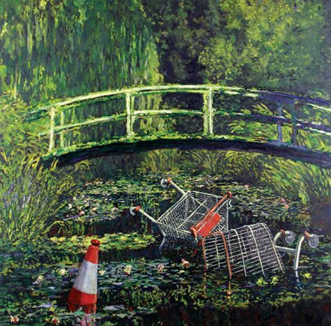 Banksy - Bridge over A Pool of Water Lilies, After Monet, c 2005 Appropriation Art, Street Art Banksy, Shopping Carts, Banksy Art, Banksy Graffiti, Historical Painting, Art Parody, Gcse Art, Graffiti Artist