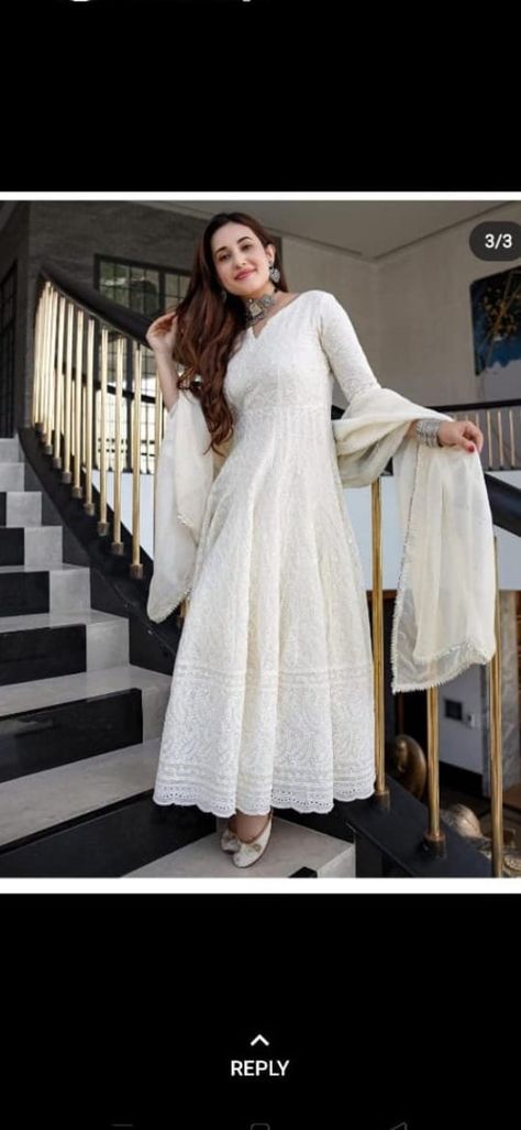 Product Description: Material : Cotton Kurti : Anarkali kurti with sequins work Length : 52 inches Sleeves : 3/4 inches Dupatta : Beautiful white chanderi dupatta Length : 2.25 meter Width: 36 inches Pant: Rayon cotton Length 38 Inches Kurti Anarkali, White Salwar, Kurti Styles, Chanderi Dupatta, Chikankari Kurti, Sabyasachi Lehenga, Lehenga Designs Simple, Anarkali Dress Pattern, Kurti Pant