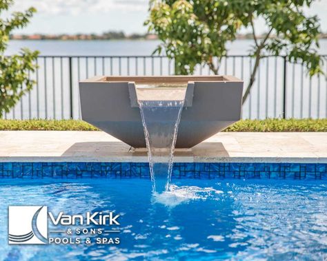 Fountains & Fire/Water Bowls - Luxury Pool Builder Palm Beach County, FL | Van Kirk Pools Pool Bowl Fountain, Pool Fountains Waterfall, Pool Fountain Ideas, Side Landscaping, Pool Waterfalls, Fall Pots, Pool Features, Backyard Plan, Pool Fountain