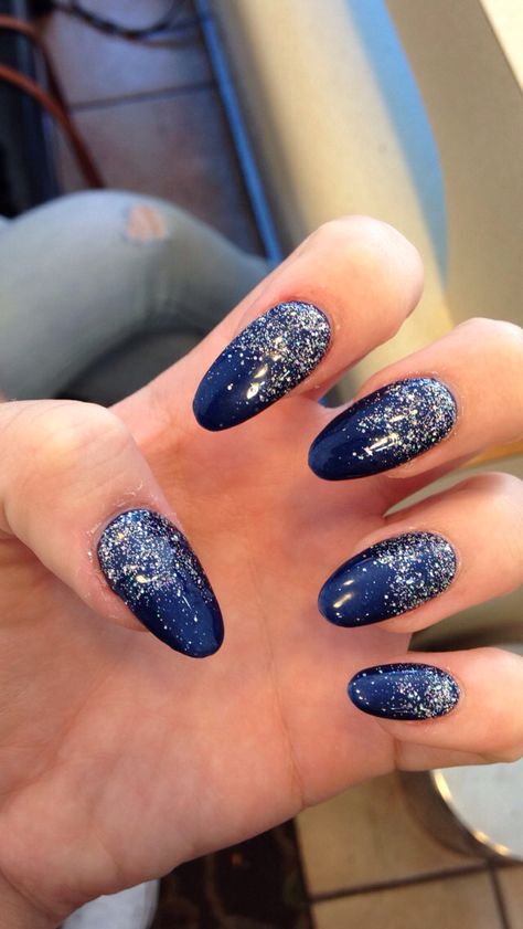 Dark Navy Blue And Silver Nails, Dark Blue And Silver Glitter Nails, Navy Blue Prom Nails Silver, Dark Blue Silver Makeup, Dark Blue Nails With Silver Design, Navy Blue And Silver Almond Nails, Navy And Silver Makeup Ideas, Navy And Silver Nails Prom, Navy Blue Nails With Silver Glitter